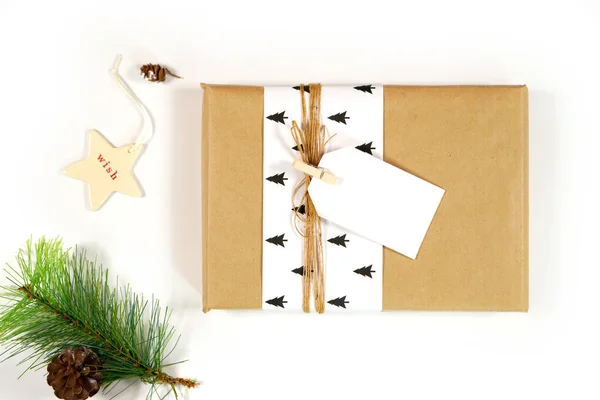 Scandi Christmas Composition Flatlay Gifts Decorations Modern Trend Gift Wrapping — 스톡 사진