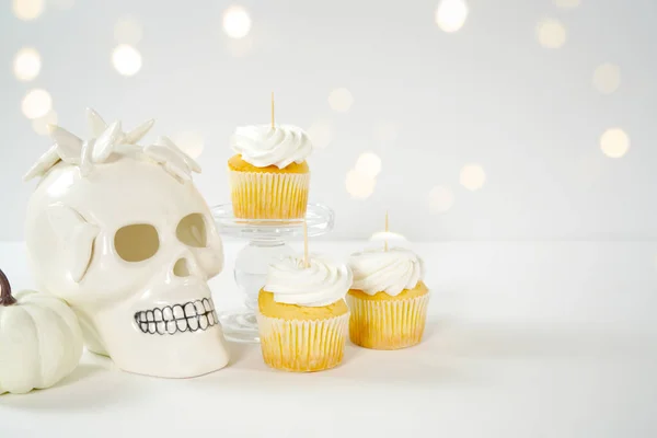 Halloween Product Mockup Party Treats Cupcakes White Skull Pumpkins White — Stock Photo, Image