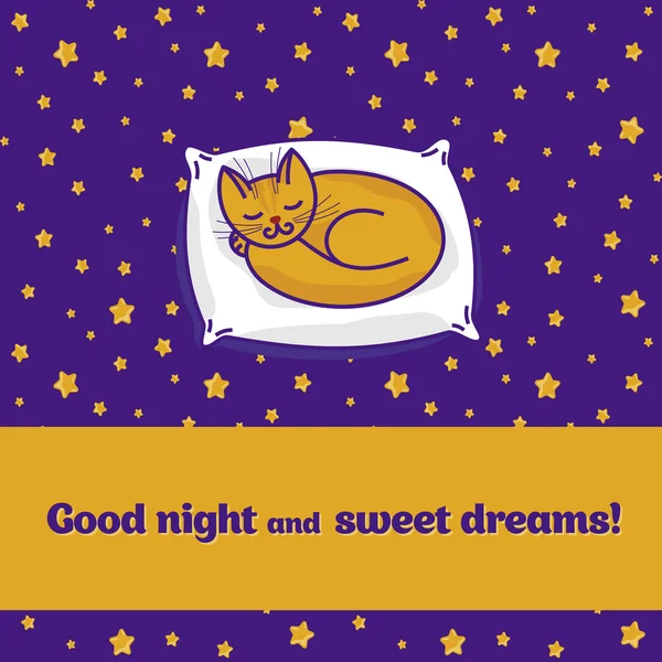 Card with cute little cat dreaming of fish — Stock Vector