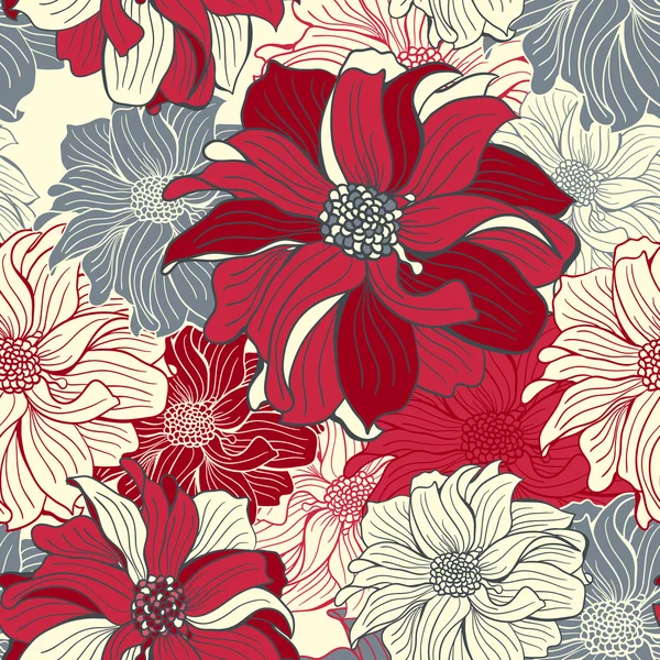 Kreslené květiny dahlia. bezešvé vektorové pozadí v barvách tmavě červená a šedá. — Stockový vektor