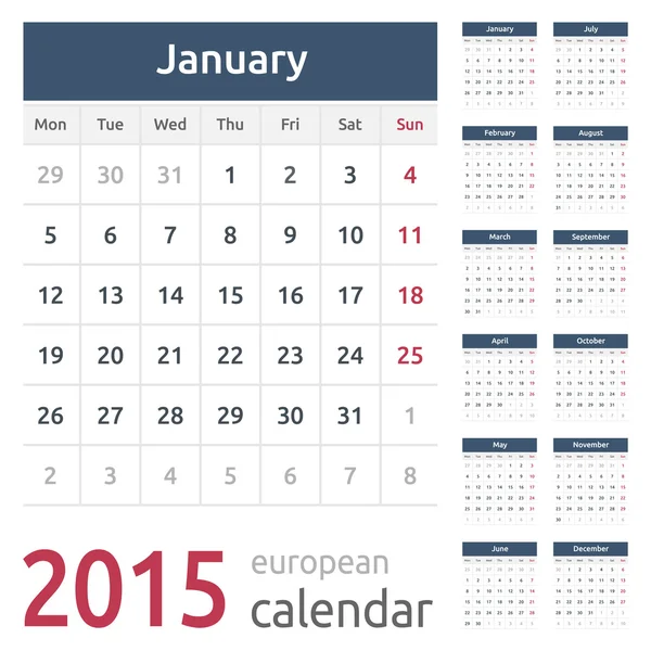 Simple europeo 2015 año vector calendario — Archivo Imágenes Vectoriales