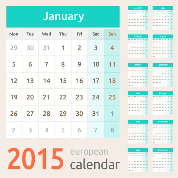 Simple europeo 2015 año vector calendario — Archivo Imágenes Vectoriales