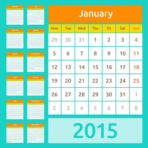 Einfacher europäischer Jahresvektorkalender 2015 — Stockvektor