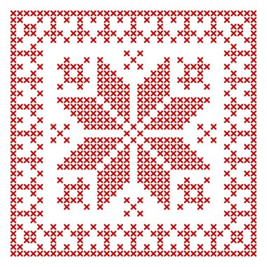 İskandinav örgü deseni. Geleneksel biscornu tasarımı - nakış işlemek için geometrik kırmızı iş süsü. Noel çapraz dikişleri ve çerçeve tasarımı için mükemmel. Vektör illüstrasyonu
