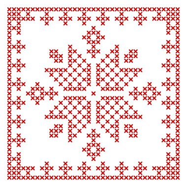 İskandinav örgü deseni. Geleneksel biscornu tasarımı - nakış işlemek için geometrik kırmızı iş süsü. Noel çapraz dikişleri ve çerçeve tasarımı için mükemmel. Vektör illüstrasyonu