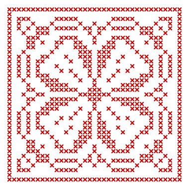 İskandinav örgü deseni. Geleneksel biscornu tasarımı - nakış işlemek için geometrik kırmızı iş süsü. Noel çapraz dikişleri ve çerçeve tasarımı için mükemmel. Vektör illüstrasyonu