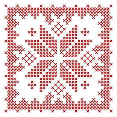 İskandinav örgü deseni. Geleneksel biscornu tasarımı - nakış işlemek için geometrik kırmızı iş süsü. Noel çapraz dikişleri ve çerçeve tasarımı için mükemmel. Vektör illüstrasyonu