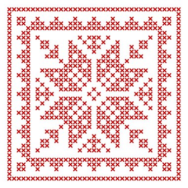 İskandinav örgü deseni. Geleneksel biscornu tasarımı - nakış işlemek için geometrik kırmızı iş süsü. Noel çapraz dikişleri ve çerçeve tasarımı için mükemmel. Vektör illüstrasyonu