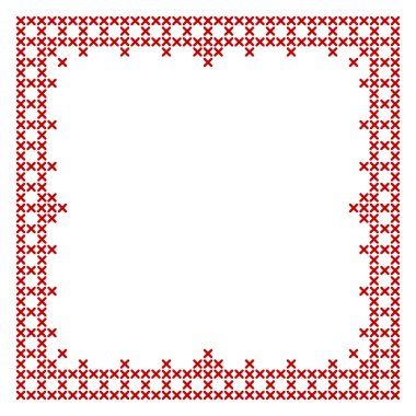 Çapraz dikiş, kare çerçeve deseni, Noel afişi tasarımı için mükemmel. Peçete nakış deseni için geometrik kırmızı işleme süsü. Vektör illüstrasyonu