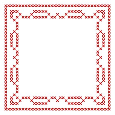 Çapraz dikiş, kare çerçeve deseni, Noel afişi tasarımı için mükemmel. Peçete nakış deseni için geometrik kırmızı işleme süsü. Vektör illüstrasyonu
