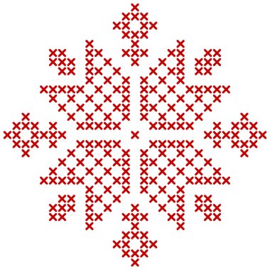 İskandinav örgü deseni. Kar tanesi yıldız nakışı için geometrik kırmızı işlemeli süs. Noel çapraz dikiş tasarımı için mükemmel. Vektör illüstrasyonu
