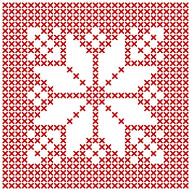 İskandinav örgü deseni. Kar tanesi yıldız nakışı için geometrik kırmızı işlemeli süs. Noel çapraz dikiş tasarımı için mükemmel. Vektör illüstrasyonu