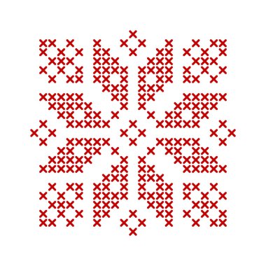 İskandinav örgü deseni. Kar tanesi yıldız nakışı için geometrik kırmızı işlemeli süs. Noel çapraz dikiş tasarımı için mükemmel. Vektör illüstrasyonu