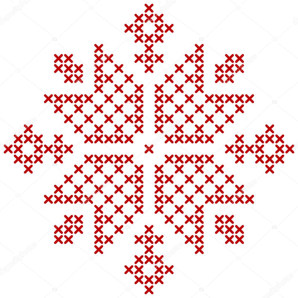 Scandinavian knitting pattern. Geometric redwork ornament for snowflake star embroidery. Perfect for Christmas cross-stitch design. Vector illustration