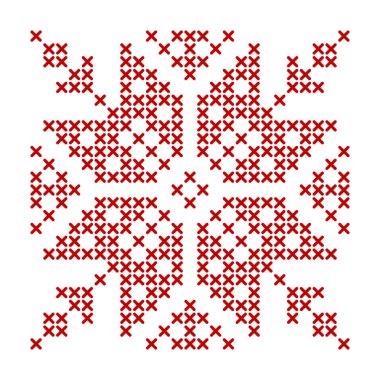 İskandinav örgü deseni. Kar tanesi yıldız nakışı için geometrik kırmızı işlemeli süs. Noel çapraz dikiş tasarımı için mükemmel. Vektör illüstrasyonu