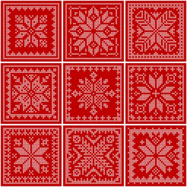 Noel işlemeli yorgan ekose İskandinav örgü deseni. Geleneksel biscornu tasarımı geometrik kırmızı işlemeli nakış. Noel çapraz dikişleri ve çerçeve tasarımı için mükemmel. Vektör illüstrasyonu