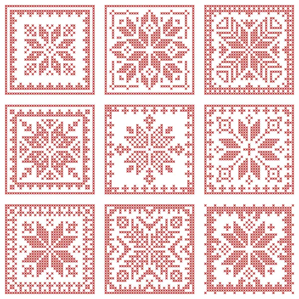 Weihnachten Bestickte Quilt Karierte Skandinavische Strickmuster Traditionelle Geometrische Stickereien Biscornu — Stockvektor