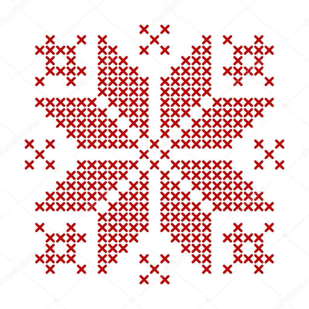 Scandinavian knitting pattern. Geometric redwork ornament for snowflake star embroidery. Perfect for Christmas cross-stitch design. Vector illustration