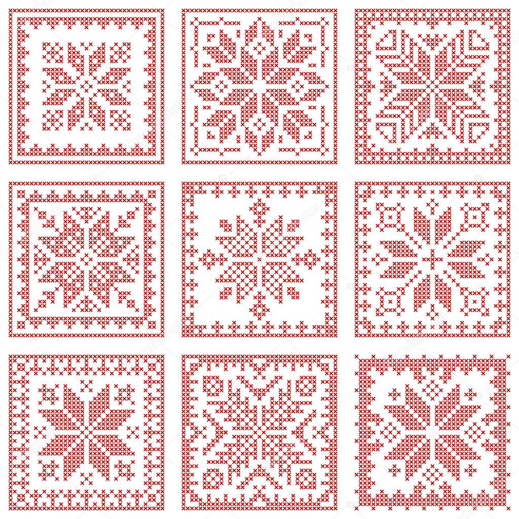 Christmas embroidered quilt plaid Scandinavian knitting pattern. Traditional biscornu design geometric redwork embroidery. Perfect for Christmas cross-stitch border, frame design. Vector illustration