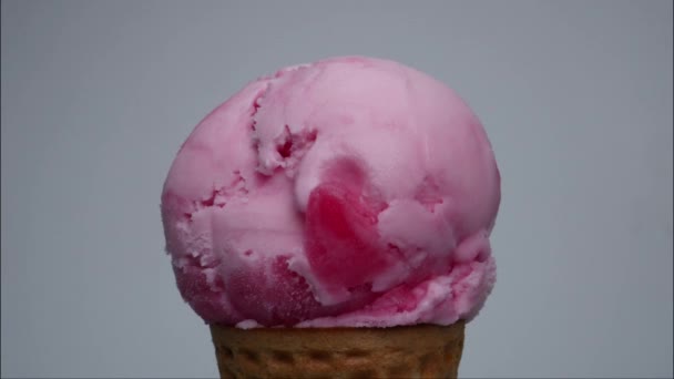 Melting Strawberry Ice Cream Cone Flows Slowly Ice Cream Has — стоковое видео