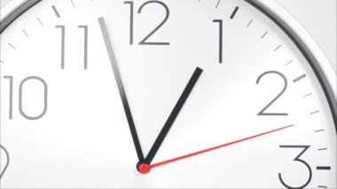 White wall clock shows the running of time. The movement of the hands of the clock passed quickly. On the white background.