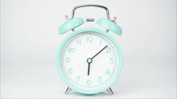 Blue Alarm Clock Shows Running Time Movement Hands Clock Passed — Vídeo de Stock