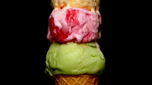 Time Lapse Melting Three Flavors Ice Cream Cone Ice Cream — Stockvideo