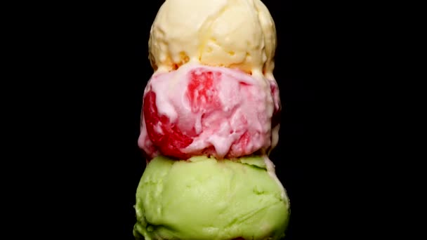 Time Lapse Melting Three Flavors Ice Cream Cone Ice Cream — Stock video