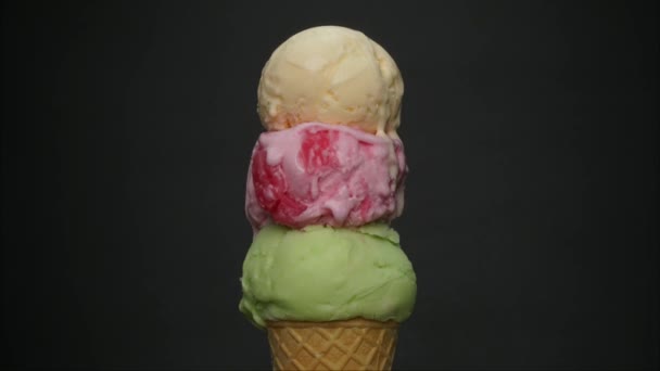 Time Lapse Melting Three Flavors Ice Cream Cone Ice Cream — стоковое видео