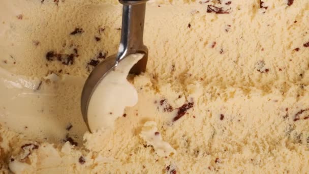 Slow Motion Scooping Vanilla Chocolate Chips Spoon Surface Texture Ice — Stock Video