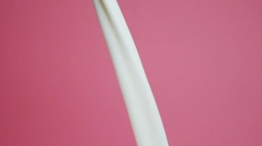 Yavaşça inek sütüne dök. Mavi arka planda pastörize inek sütü içmeye hazır..