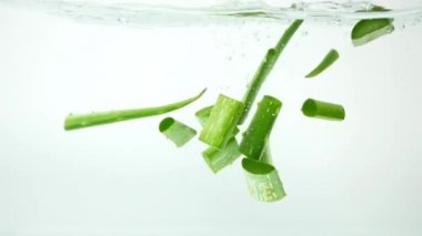 Yeşil aloe vera temiz suyla kesilip yüzer. Beyaz arka plandaki sağlık için deriyi ve ilacı nemlendiren özellikler.