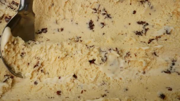 スローモーションのバニラチョコレートチップアイスクリームスプーンですくい取る アイスクリームの食感はチョコレートフレーク — ストック動画