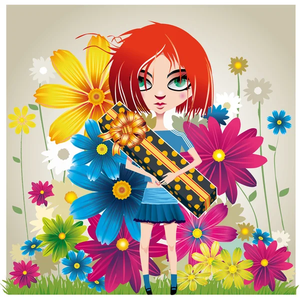 Girl with a gift and flowers — Stock Vector