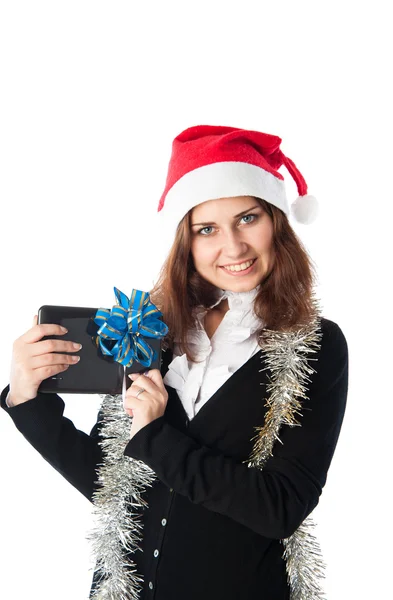 Girl holds tablet — Stock Photo, Image