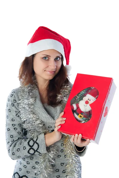 Chica en una gorra roja con un regalo — Foto de Stock