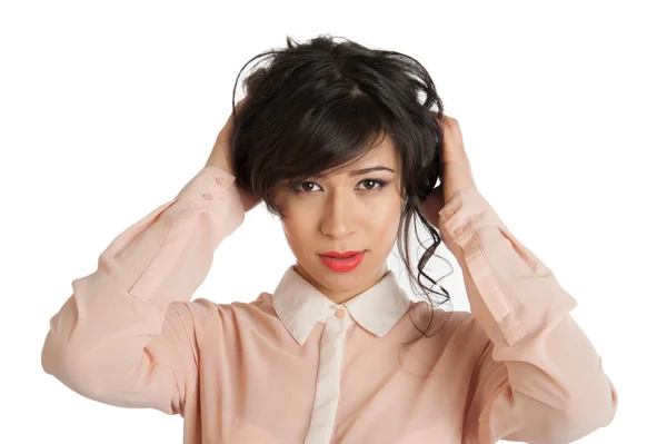 Una mujer toma las manos cabello —  Fotos de Stock