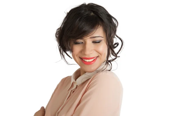 Hermosa mujer riendo labios rojos — Foto de Stock