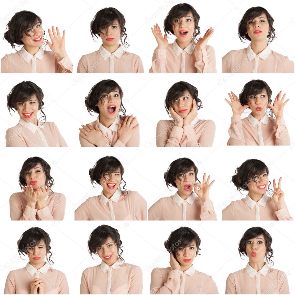 Collage of woman different facial expressions