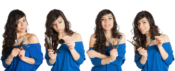 Collage de una mujer con pinceles de maquillaje —  Fotos de Stock