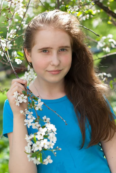Girl holding a blossoming apple tree — Stock Photo, Image