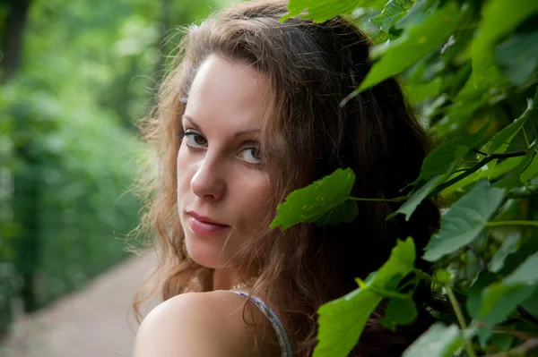 Fashion model on a background of foliage — Stock Photo, Image