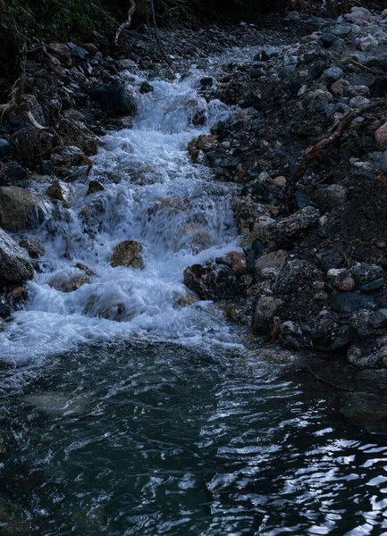 Nehir yatağı boyunca akıntılı, karanlık ve aydınlık taşları olan dağ nehri.
