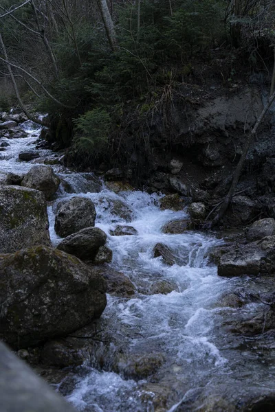 Río Montaña Con Rápidos Piedras Oscuras Claras Largo Del Lecho — Foto de Stock
