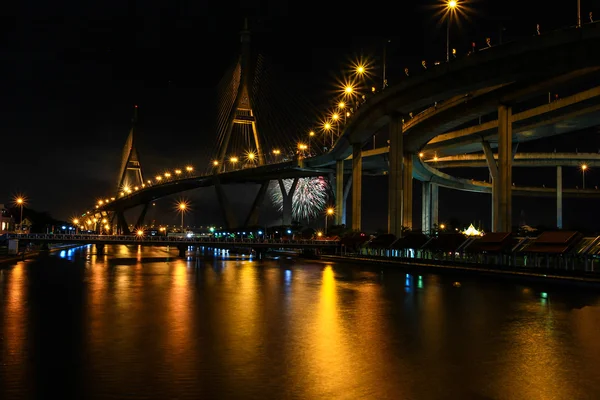 Bhumibol  bridge  area at Night with firework — Stock Photo, Image