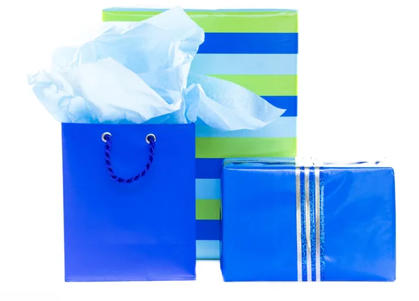 Blue and striped presents and gift bag — Stock Photo, Image