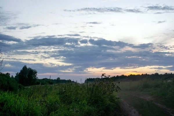 Schotterpiste Durch Das Feld Spät Abends Sommer — Stockfoto