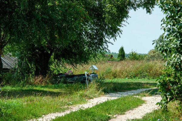 Dirt road with a small stone in the village, in summer