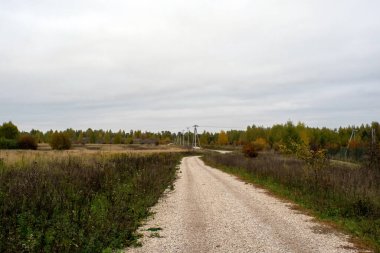 Sonbaharda, bulutlu bir günde çakıl taşralı bir yol.