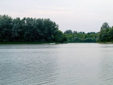 Açık bir yaz gününde, kumlu nehir kıyısında.